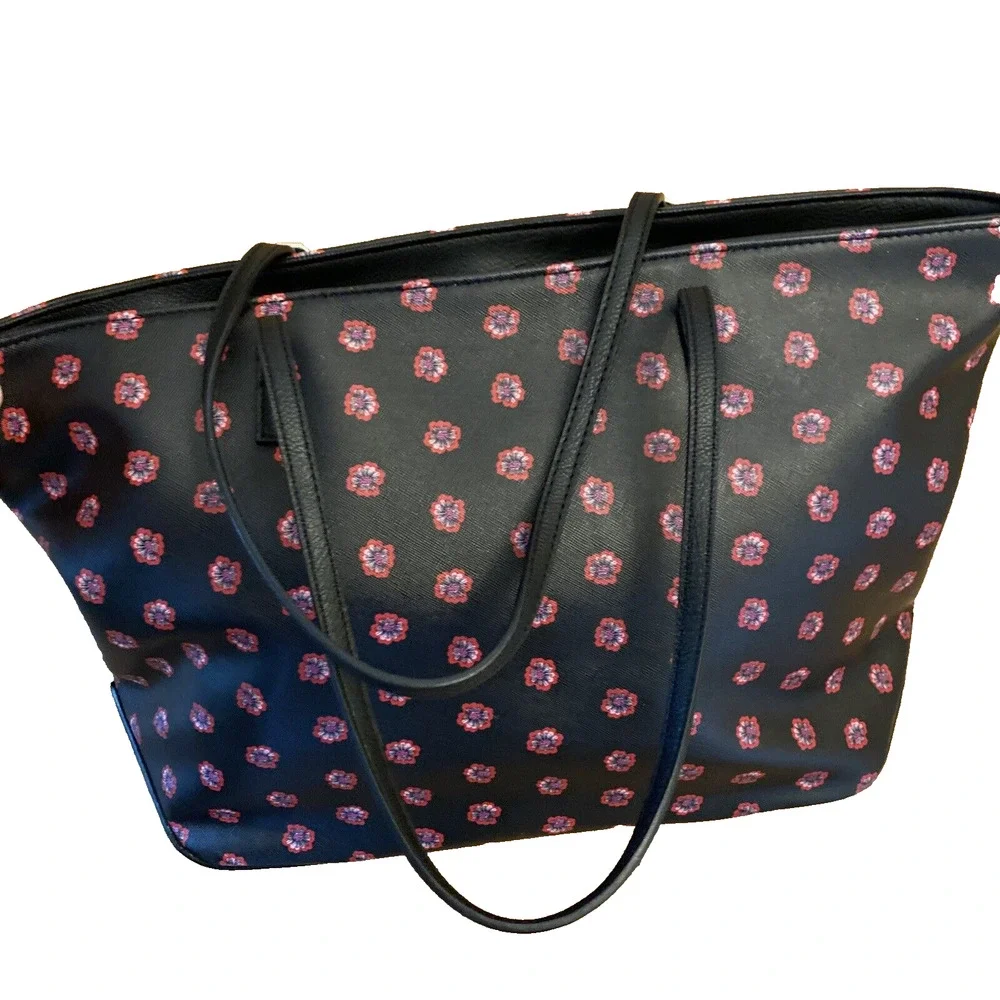 Nine West Large Tote Bag Purse Black w/ Red Pink Floral Geo Faux Leather Zip Top